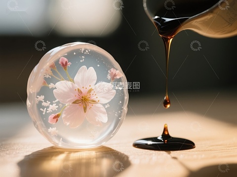 蜂蜜滴落与樱花球的静谧瞬间