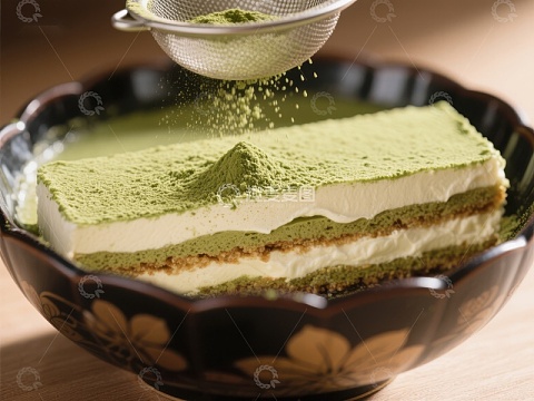 抹茶粉撒在甜点上的瞬间