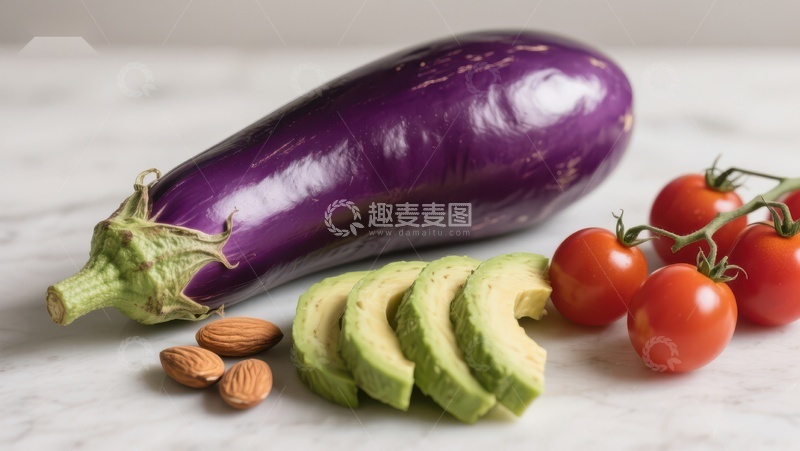 高清大图下载【趣麦麦图】新鲜茄子、樱桃番茄与切片牛油果