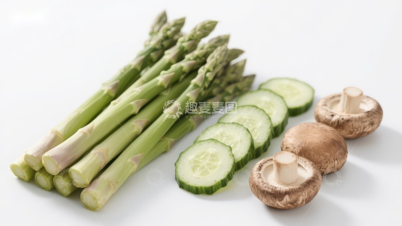 高清大图下载【趣麦麦图】新鲜芦笋、黄瓜片与蘑菇