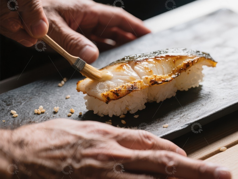 高清大图下载【趣麦麦图】-寿司制作：刷油烤鱼