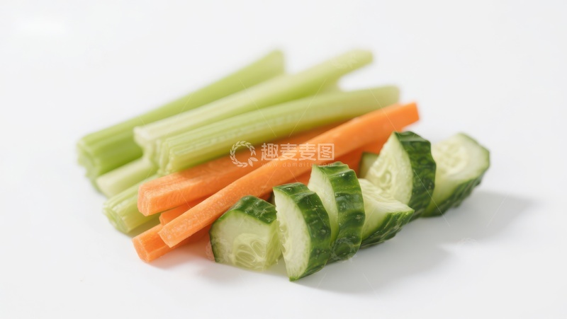 高清大图下载【趣麦麦图】新鲜蔬菜切片：芹菜、胡萝卜和黄瓜