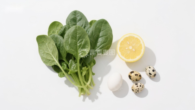 高清大图下载【趣麦麦图】新鲜菠菜、柠檬与鹌鹑蛋的组合
