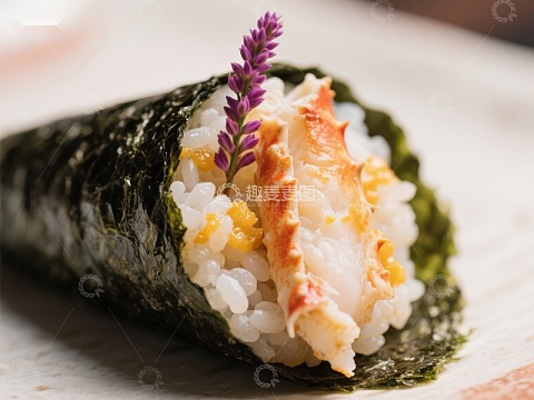 精致手握寿司配蟹肉和紫花装饰