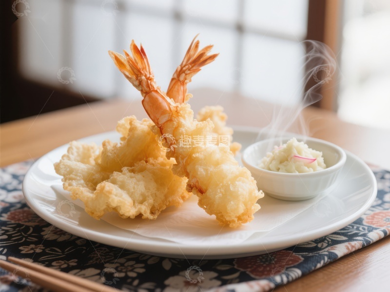 高清大图下载【趣麦麦图】金黄酥脆的天妇罗虾配蘸酱