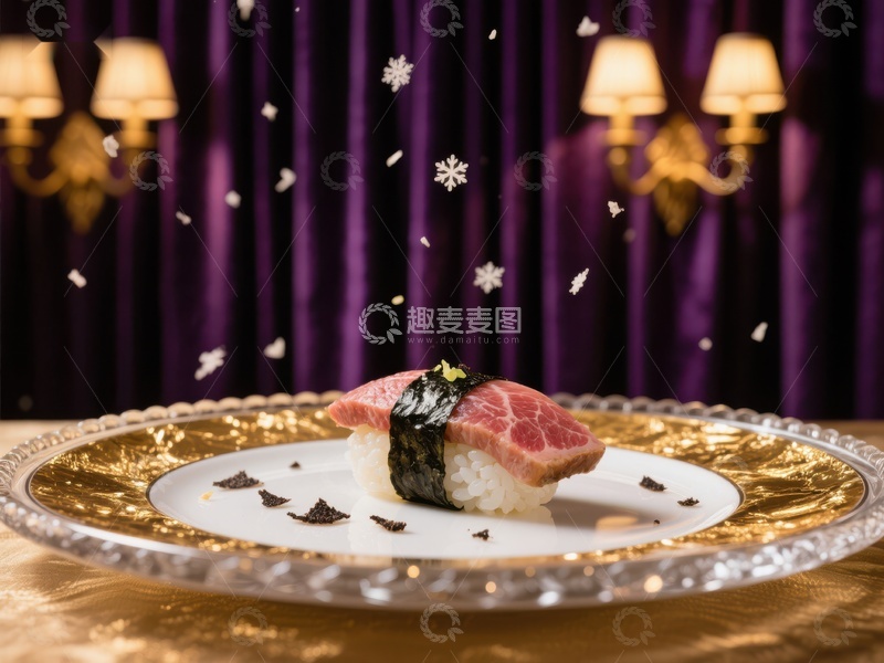 高清大图下载【趣麦麦图】精致寿司盘中呈现，紫色帷幕背景