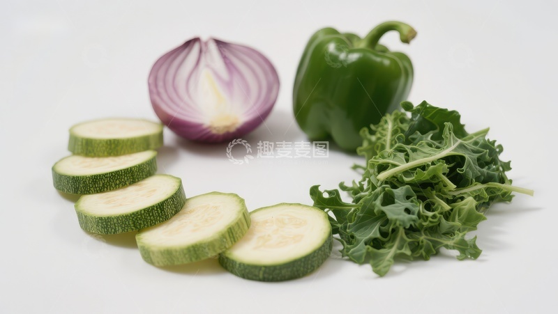 高清大图下载【趣麦麦图】新鲜蔬菜组合：西葫芦、洋葱、青椒和羽衣甘蓝