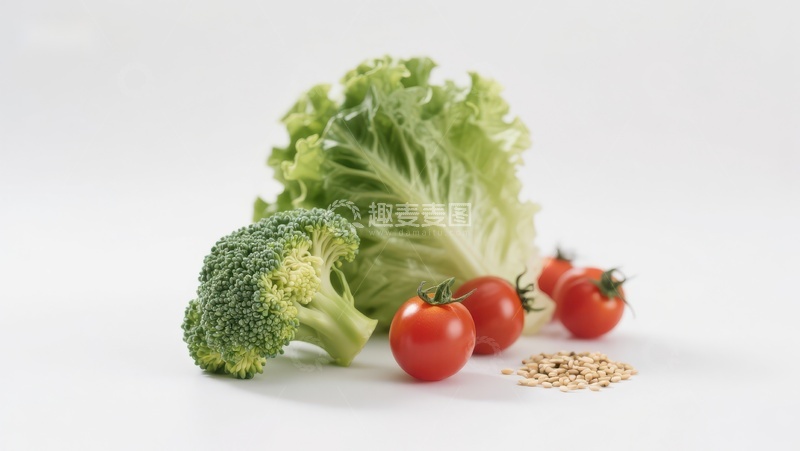 高清大图下载【趣麦麦图】新鲜蔬菜组合：西兰花、生菜和樱桃番茄