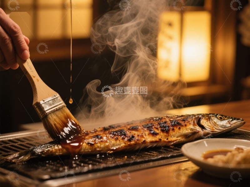 高清大图下载【趣麦麦图】烤鱼刷酱，热气腾腾