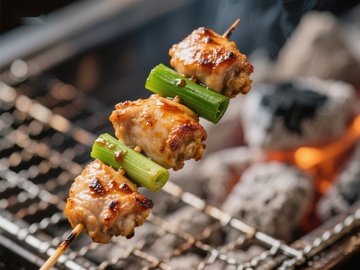 烤肉串上的鸡肉与青葱
