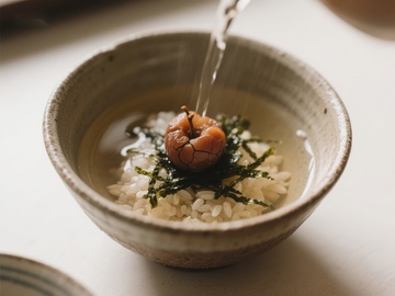 热汤浇灌米饭与海苔的碗