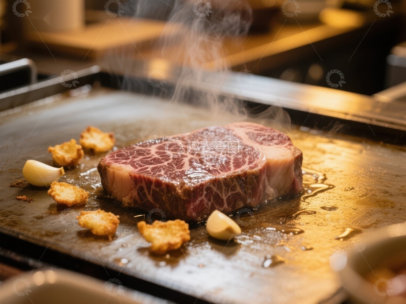 高清大图下载【趣麦麦图】铁板上的煎牛排与蒜片