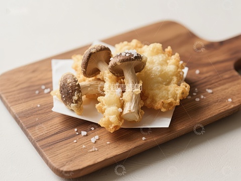 酥炸蘑菇摆放在木质砧板上