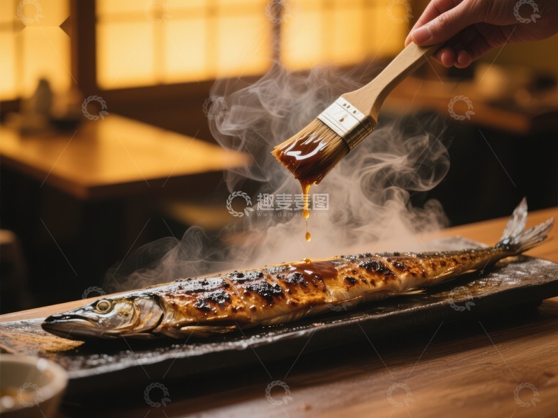 高清大图下载【趣麦麦图】烤鱼刷酱，热气腾腾