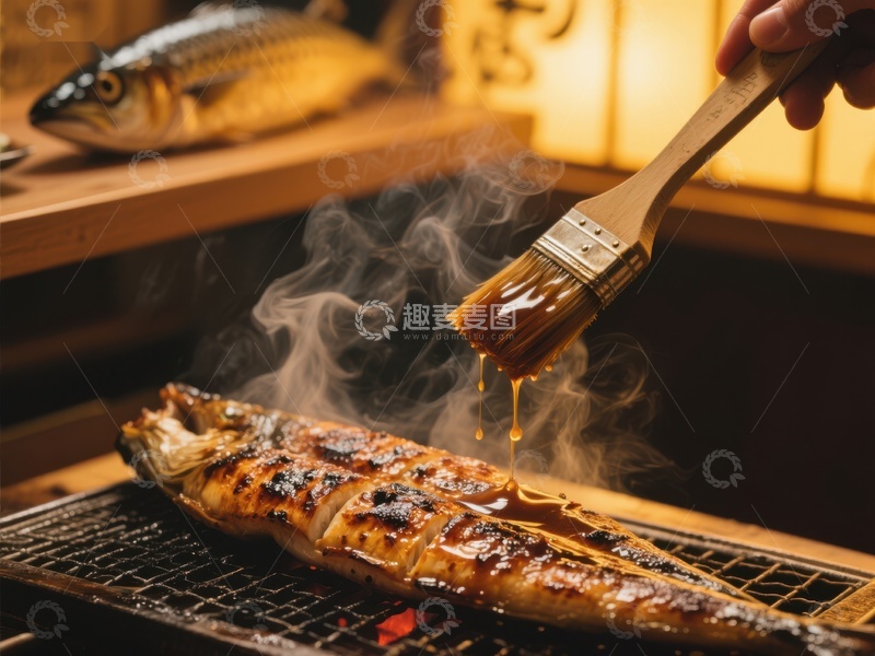 高清大图下载【趣麦麦图】烤鱼刷酱，烟雾缭绕
