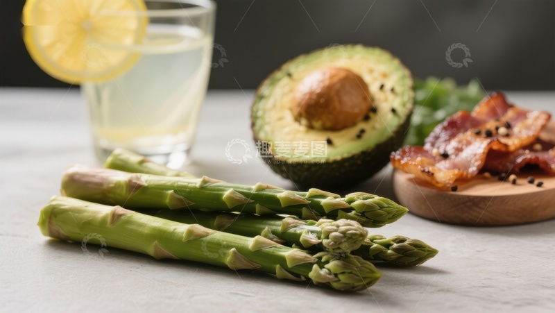 高清大图下载【趣麦麦图】新鲜芦笋配牛油果、培根和柠檬水