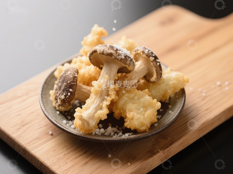酥炸蘑菇，撒盐点缀