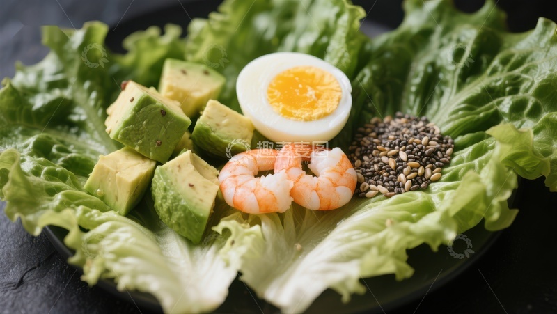 高清大图下载【趣麦麦图】新鲜蔬菜沙拉配虾仁、牛油果和鸡蛋