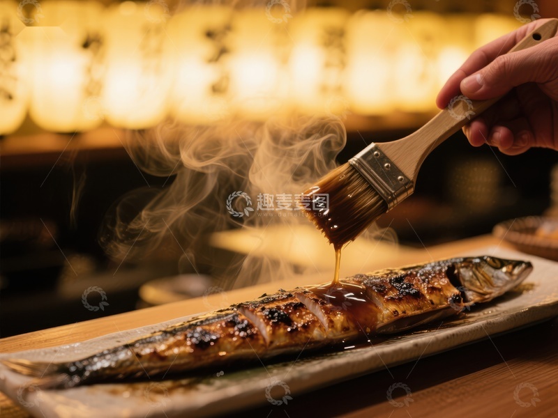 高清大图下载【趣麦麦图】烤鱼刷酱，热气腾腾
