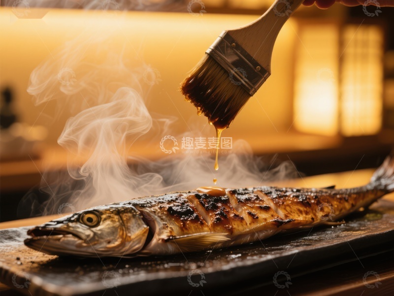 高清大图下载【趣麦麦图】烤鱼刷油，热气腾腾