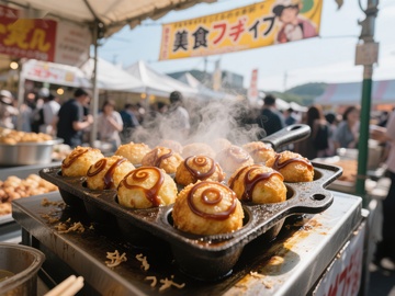 热腾腾的章鱼小丸子在市集上售卖