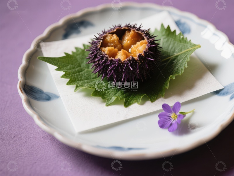 高清大图下载【趣麦麦图】海胆刺身配绿叶与紫花