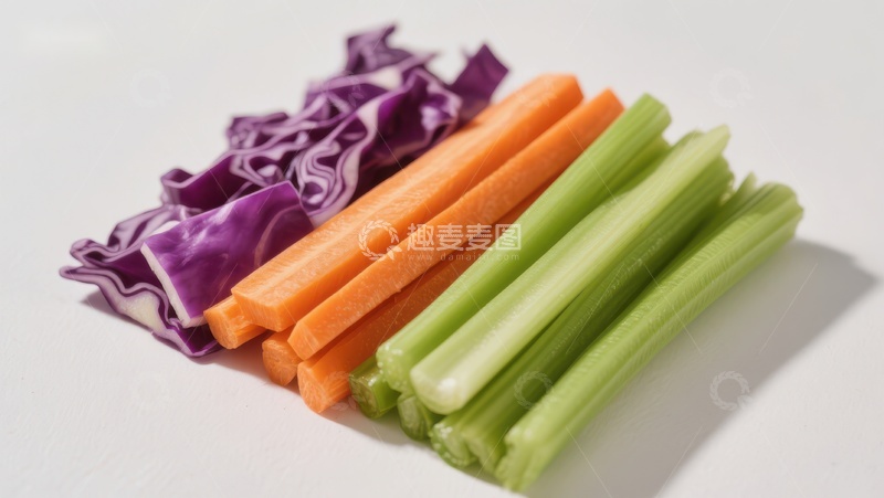 高清大图下载【趣麦麦图】新鲜蔬菜切条：紫甘蓝、胡萝卜和芹菜