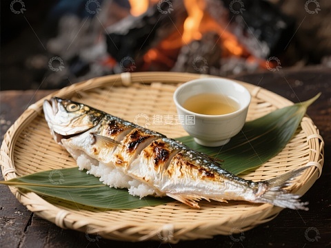 烤鱼配茶，竹盘上的日式料理