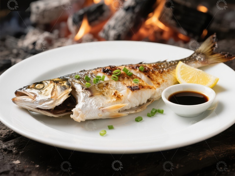 高清大图下载【趣麦麦图】烤鱼配柠檬与酱油，篝火旁的美味