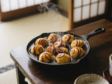 热腾腾的章鱼小丸子在铸铁锅中