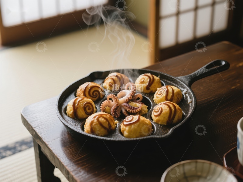 高清大图下载【趣麦麦图】热腾腾的章鱼小丸子在铸铁锅中