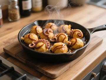 热腾腾的章鱼小丸子在铸铁锅中