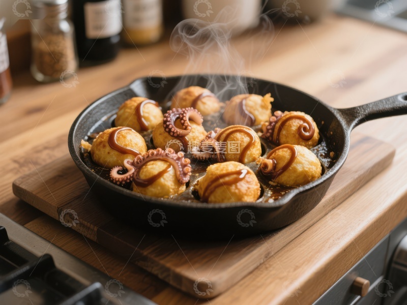 高清大图下载【趣麦麦图】热腾腾的章鱼小丸子在铸铁锅中