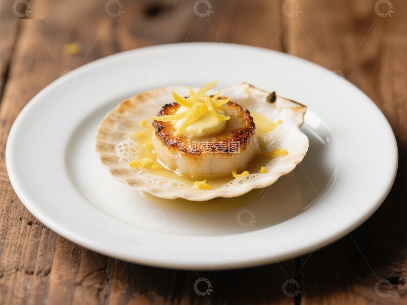 高清大图下载【趣麦麦图】煎制扇贝配柠檬装饰