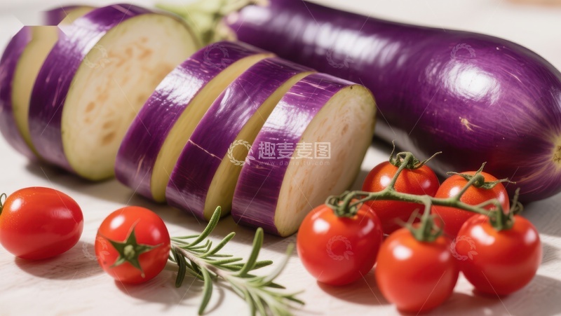 高清大图下载【趣麦麦图】切片茄子与樱桃番茄的静物组合