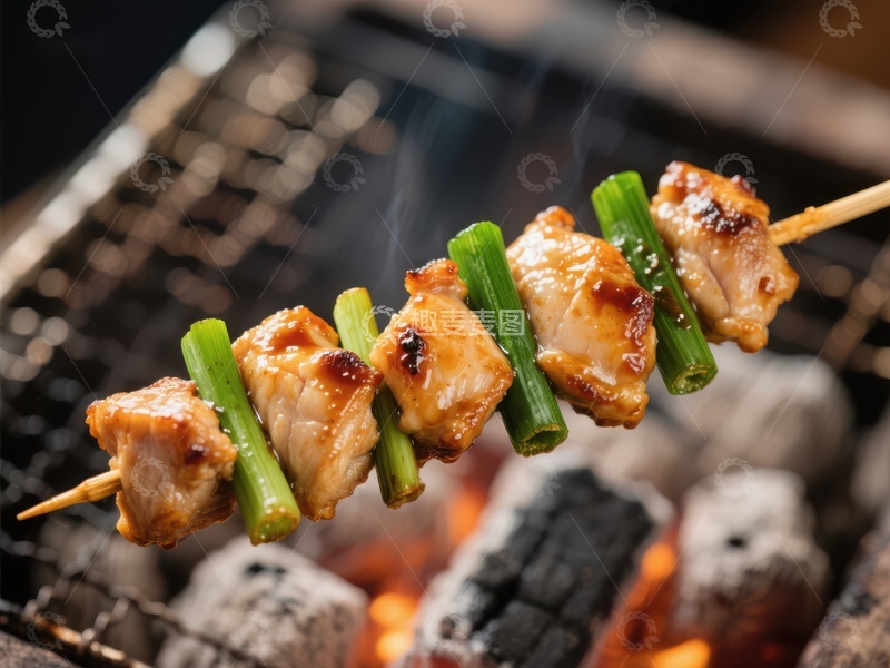 高清大图下载【趣麦麦图】烤鸡肉串在炭火上烧烤