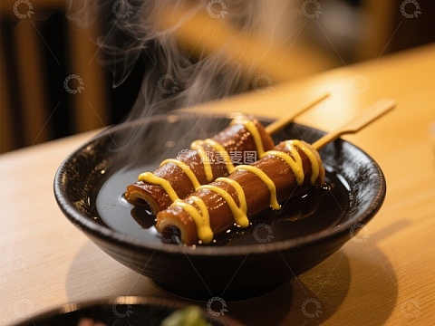 热腾腾的烤肠配芥末酱