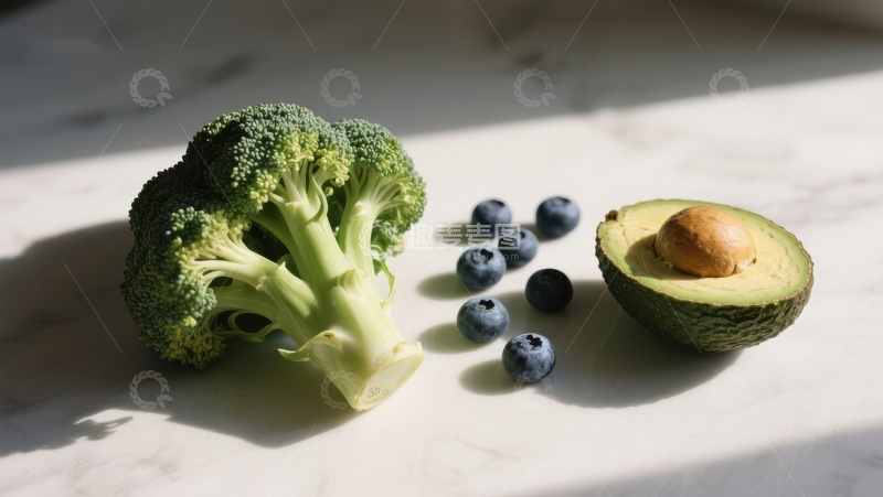 高清大图下载【趣麦麦图】新鲜蔬菜水果组合：西兰花、蓝莓与牛油果