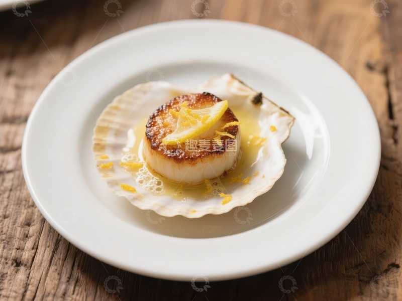 高清大图下载【趣麦麦图】煎制扇贝配柠檬装饰