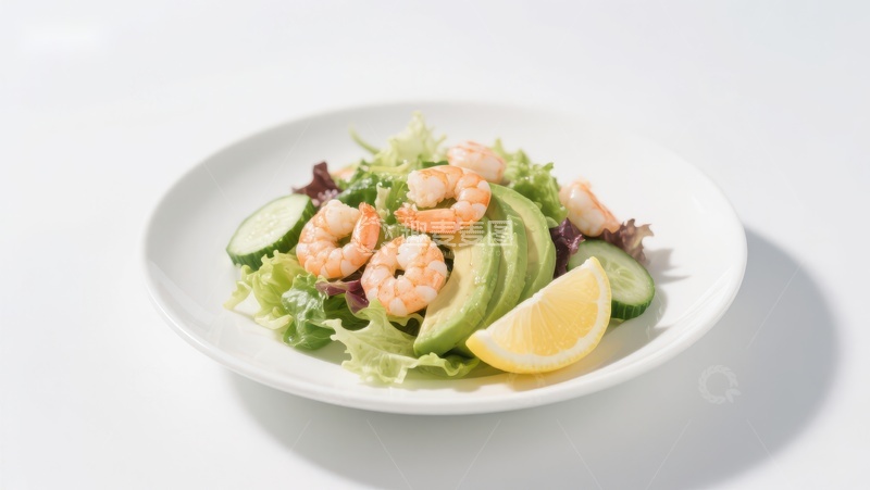 高清大图下载【趣麦麦图】虾仁牛油果沙拉配柠檬片