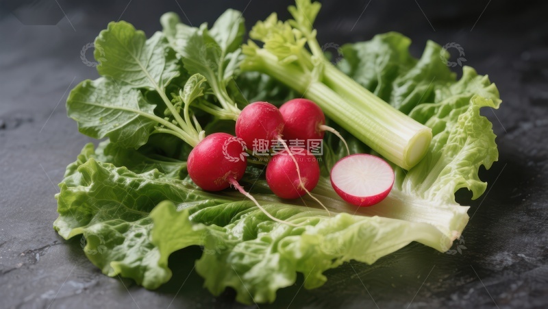 高清大图下载【趣麦麦图】新鲜蔬菜组合：萝卜、生菜与芹菜