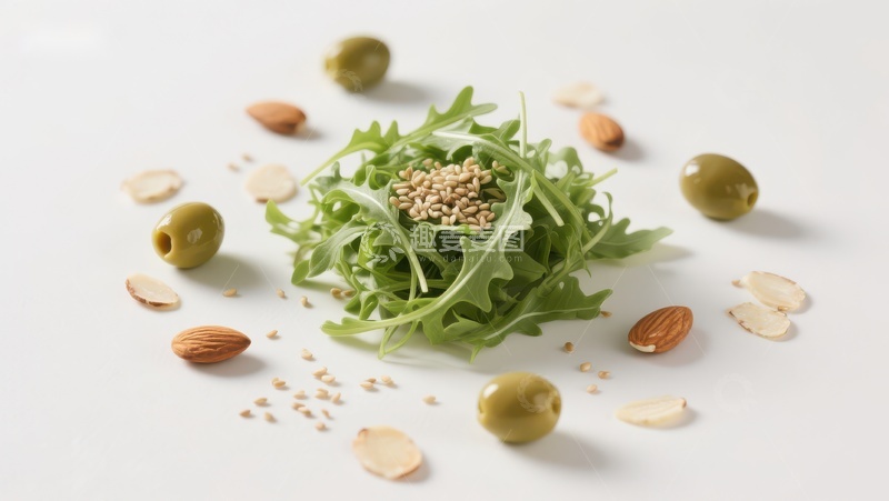 高清大图下载【趣麦麦图】新鲜绿叶与坚果橄榄的组合