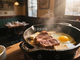 铁锅中的牛排与煎蛋