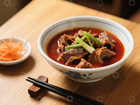 红烧牛肉碗配青葱与胡萝卜