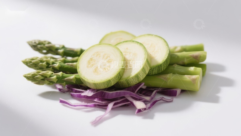高清大图下载【趣麦麦图】新鲜蔬菜组合：西葫芦、芦笋与紫甘蓝