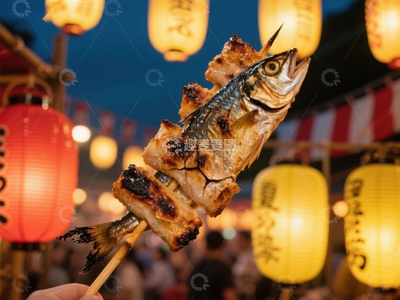 高清大图下载【趣麦麦图】烤鱼串在灯笼映衬下的夜市景象