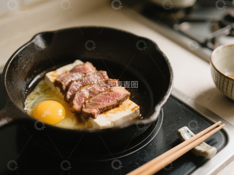 高清大图下载【趣麦麦图】铸铁锅中的煎肉配蛋