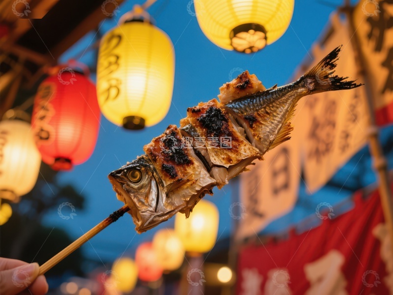 高清大图下载【趣麦麦图】夜市烤鱼串，灯笼映衬美食