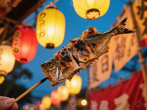 夜市烤鱼串，灯笼映衬美食