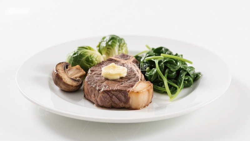 高清大图下载【趣麦麦图】牛排配蘑菇与绿叶蔬菜